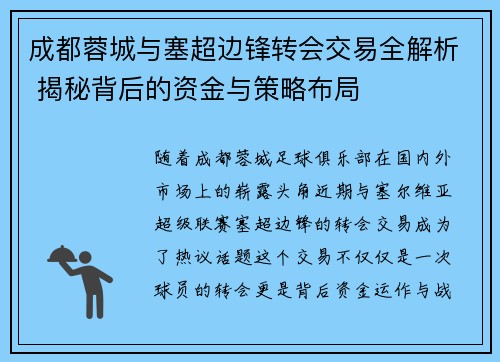 成都蓉城与塞超边锋转会交易全解析 揭秘背后的资金与策略布局
