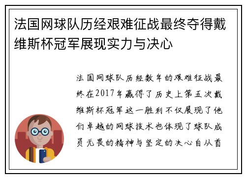 法国网球队历经艰难征战最终夺得戴维斯杯冠军展现实力与决心