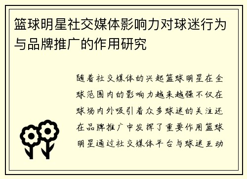 篮球明星社交媒体影响力对球迷行为与品牌推广的作用研究 篮球明星社交媒体影响力对球迷行为与品牌推广的作用研究