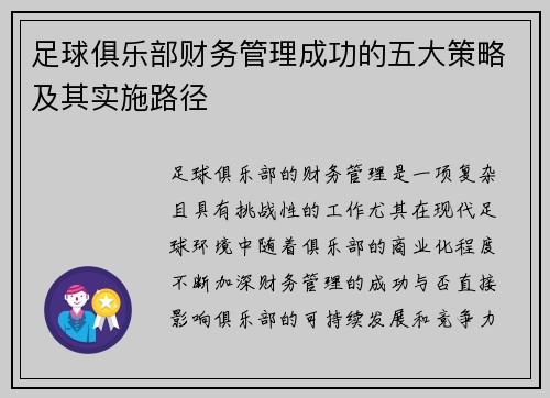 足球俱乐部财务管理成功的五大策略及其实施路径